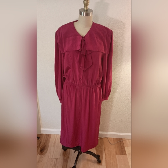 Vtg 80s Fuschia Tie-Neck Midi Dress - Picture 1 of 4